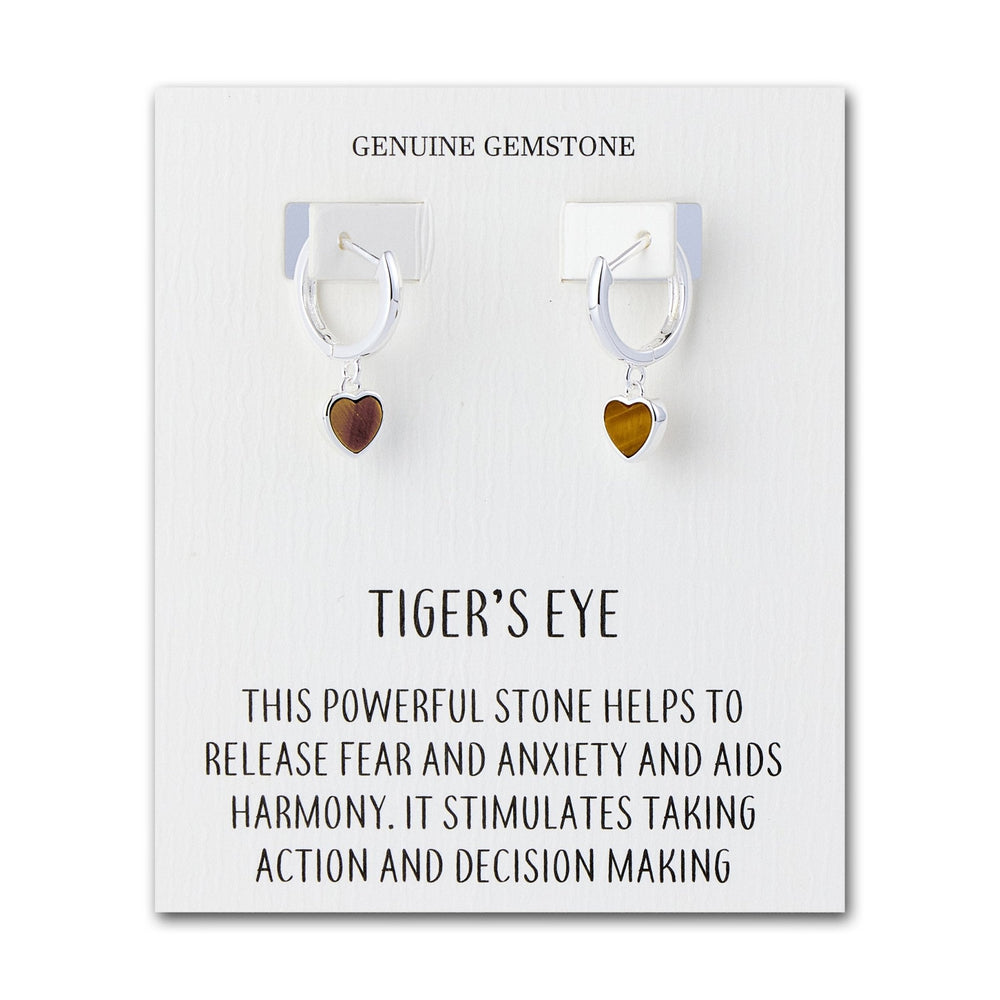 Tigers Eye Gemstone Heart Charm Hoop Earrings with Quote Card