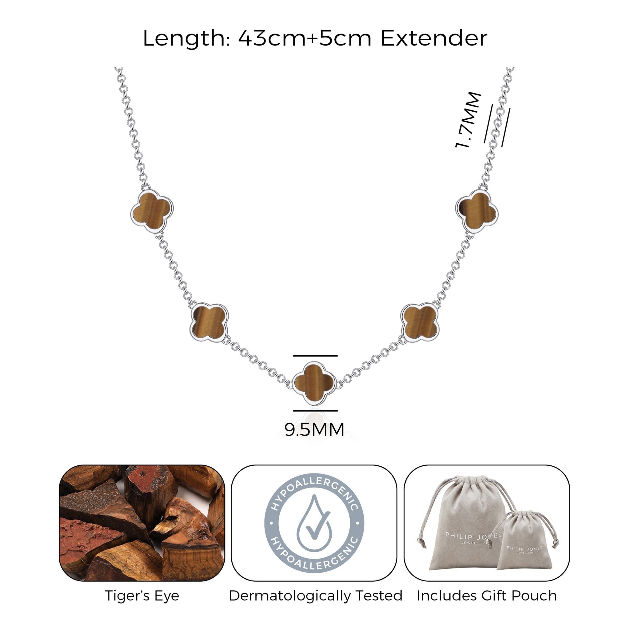 Tigers Eye Gemstone Multi Clover Necklace