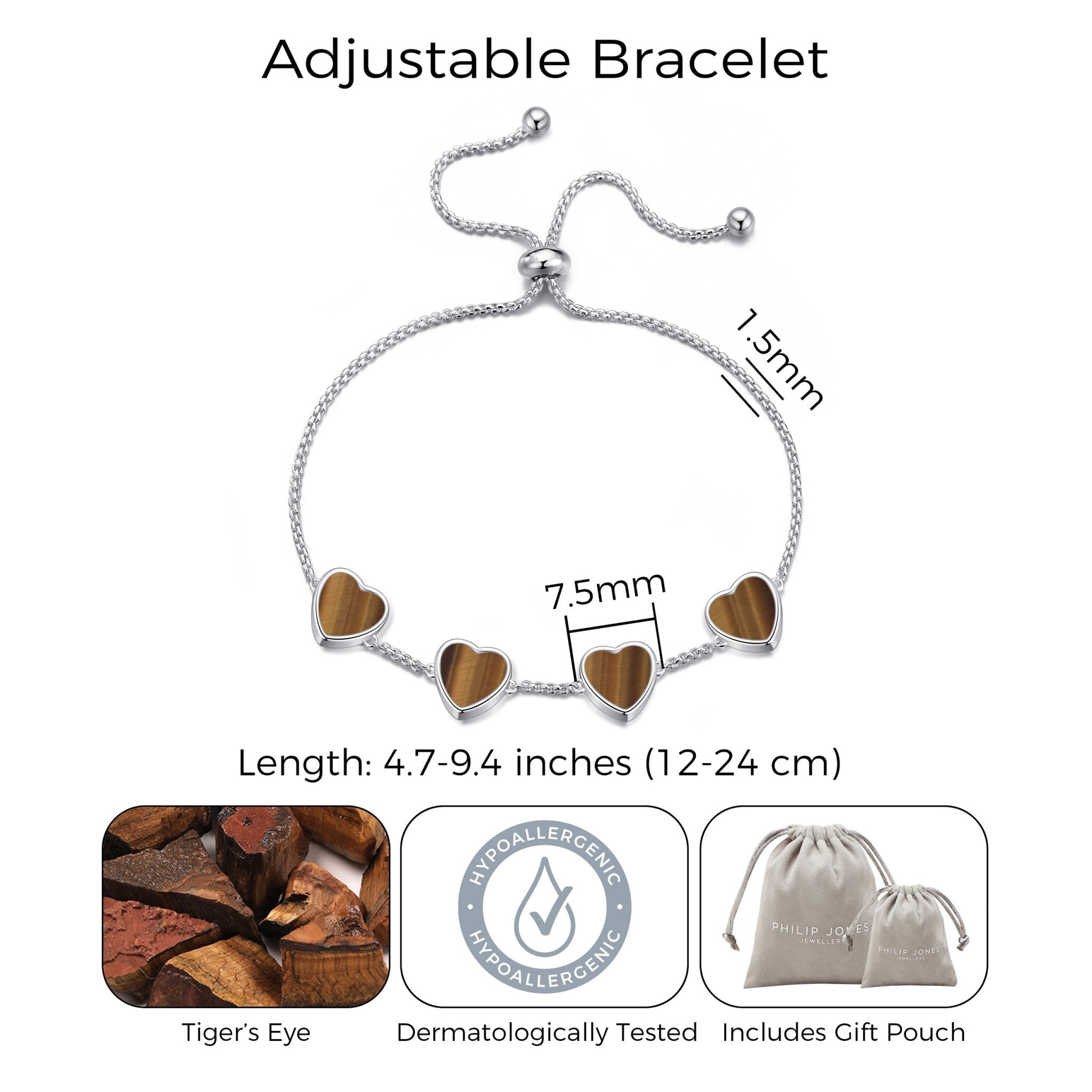 Tigers Eye Gemstone Multi Heart Friendship Bracelet