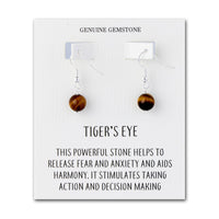Tigers Eye Gemstone Round Drop Earrings with Quote Card