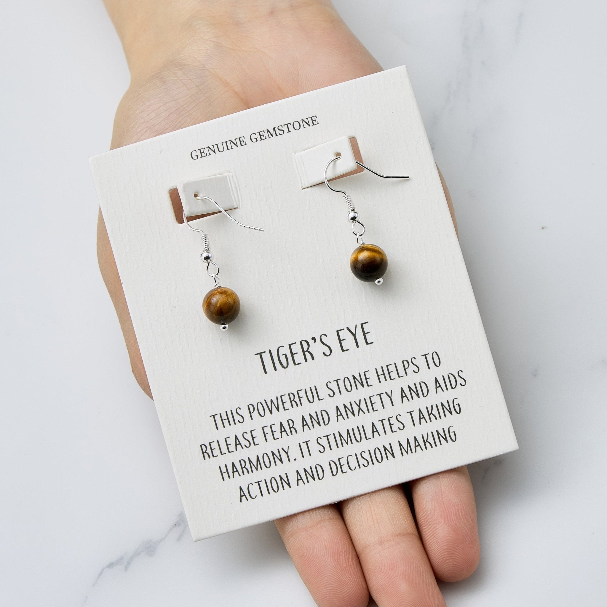 Tigers Eye Gemstone Round Drop Earrings with Quote Card