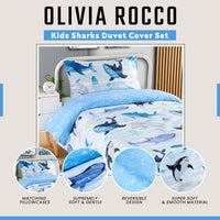 Underwater Sharks and Whales Kids Duvet Cover Set Reversible Soft Cotton Marine Life Bedding with Curtains for Boys and Girls by OLIVIA ROCCO