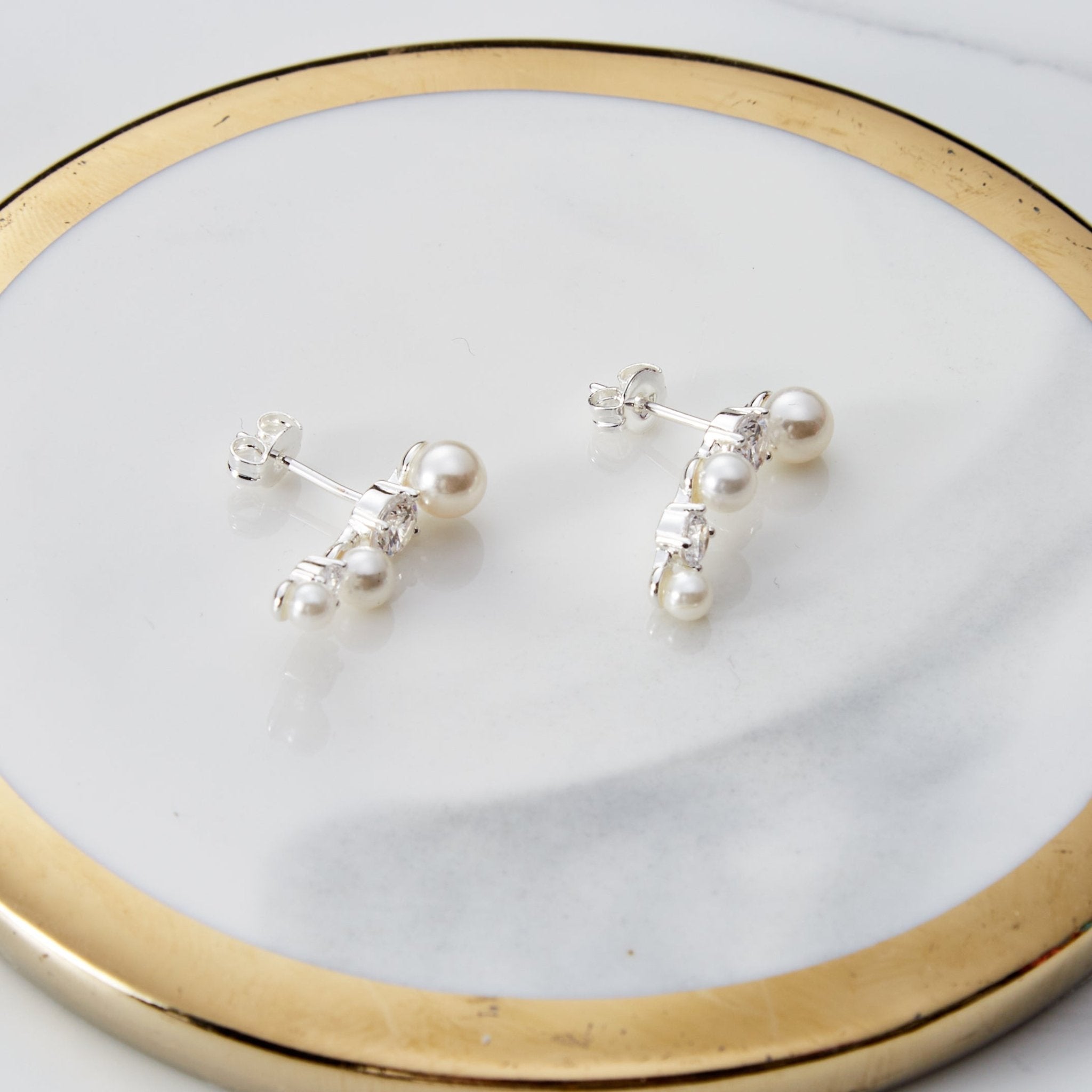 White Pearl Climber Earrings Created with Zircondia® Crystals