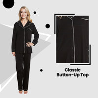 Women's Black Pyjama Set Soft Touch Long Sleeve Button-Up Top & Bottoms Two-Piece Nightwear by Daisy Dreamer