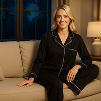 Women's Black Pyjama Set Soft Touch Long Sleeve Button-Up Top & Bottoms Two-Piece Nightwear by Daisy Dreamer