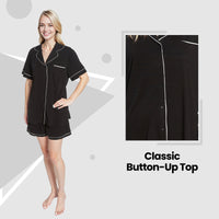 Women's Black Short Pyjama Set Super Soft Sleepwear Nightwear Button Up Top and Shorts with Pockets PJs by Daisy Dreamer