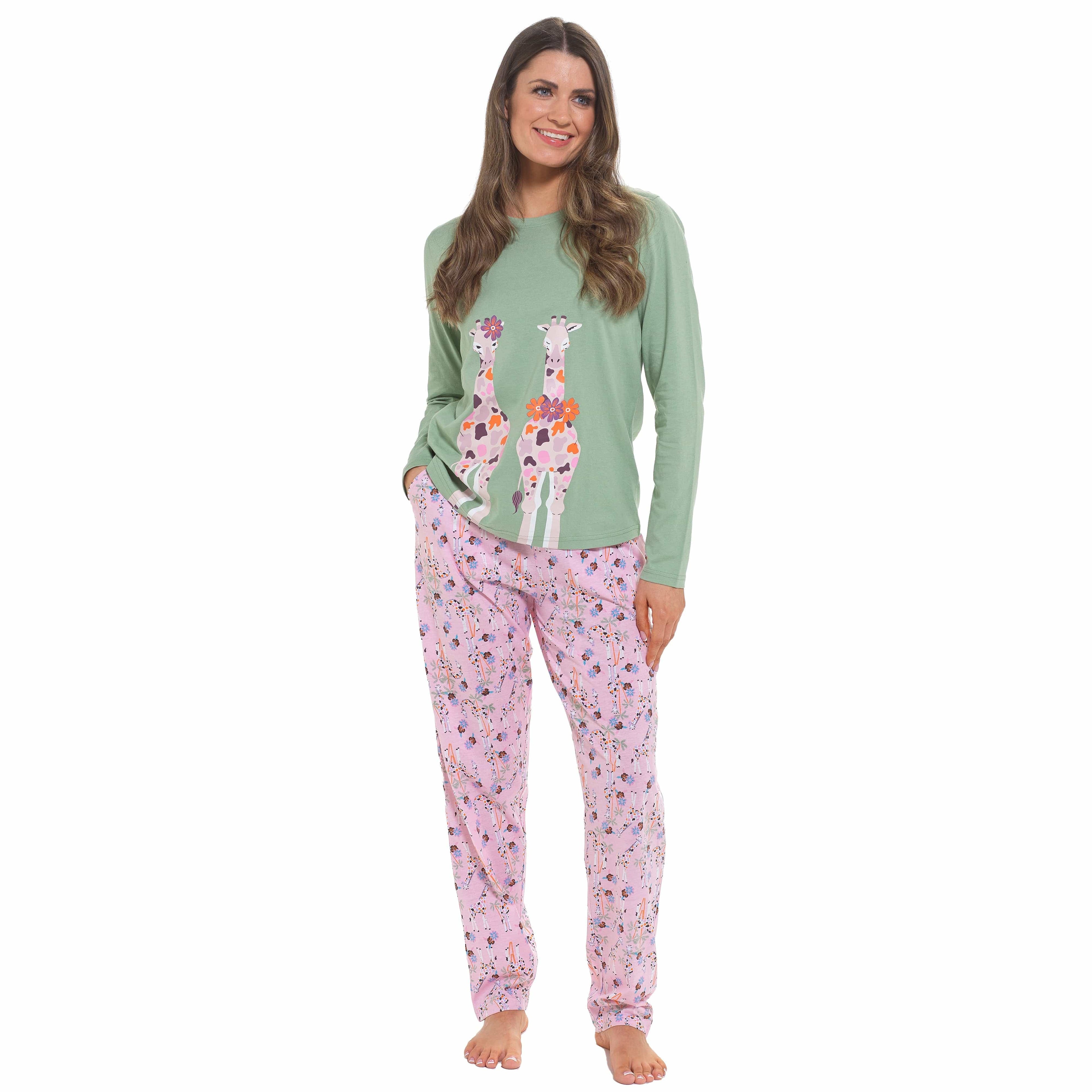 Women's Giraffe Cotton Jersey Long Sleeve Pyjama Set Comfortable PJs Soft Loungewear Summer Holiday Sleepwear by Daisy Dreamer