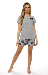 Women's Grey Cotton Peek A Bear Pyjama Set T-Shirt & Shorts Comfortable Sleepwear Nightwear Loungewear Gift Idea By Daisy Dreamer