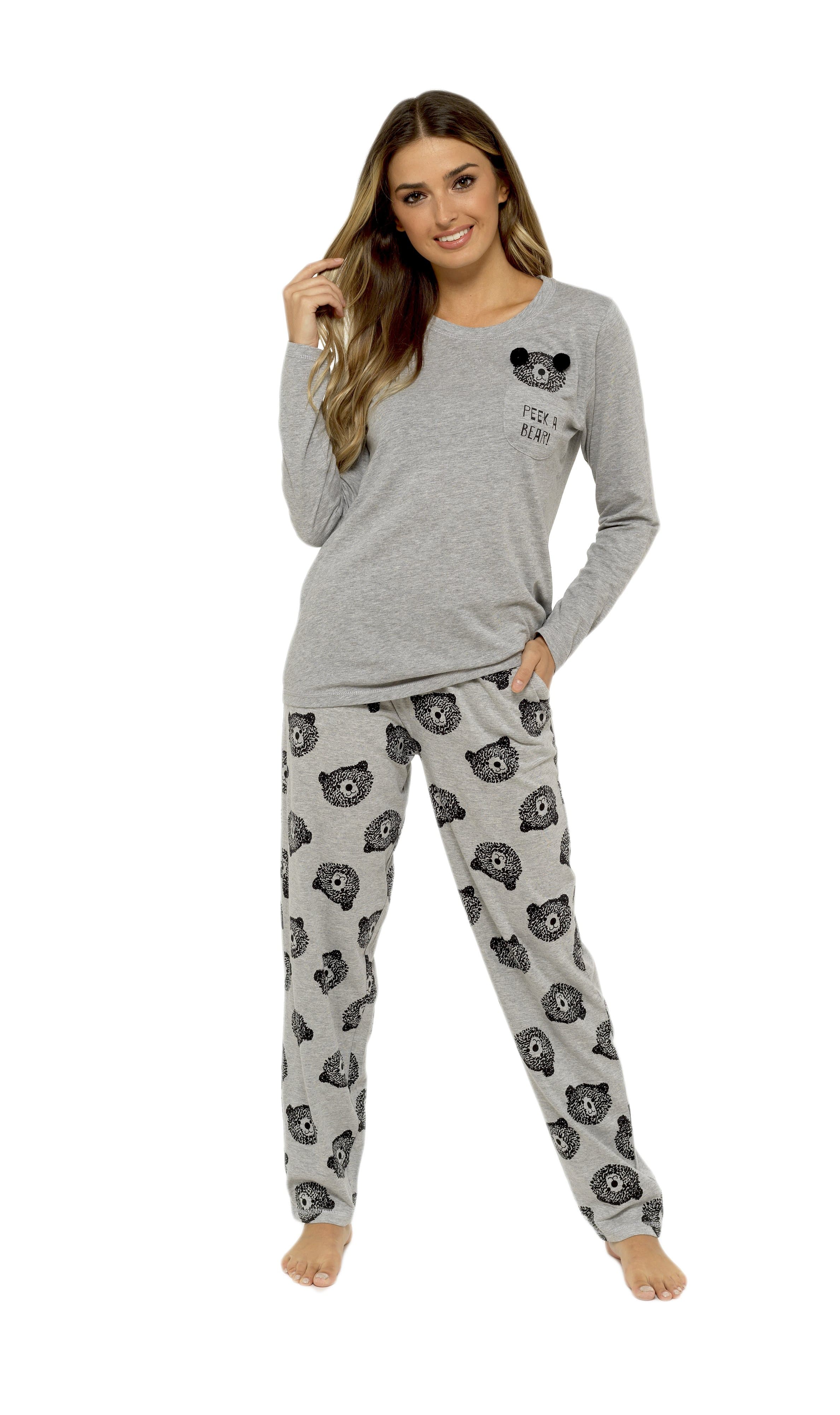 Women's Grey Cotton Pyjama Set with Teddy Bear Design Soft Jersey Long Sleeve Top and Elasticated Bottoms Cosy Breathable Nightwear Loungewear Various Sizes by Daisy Dreamer