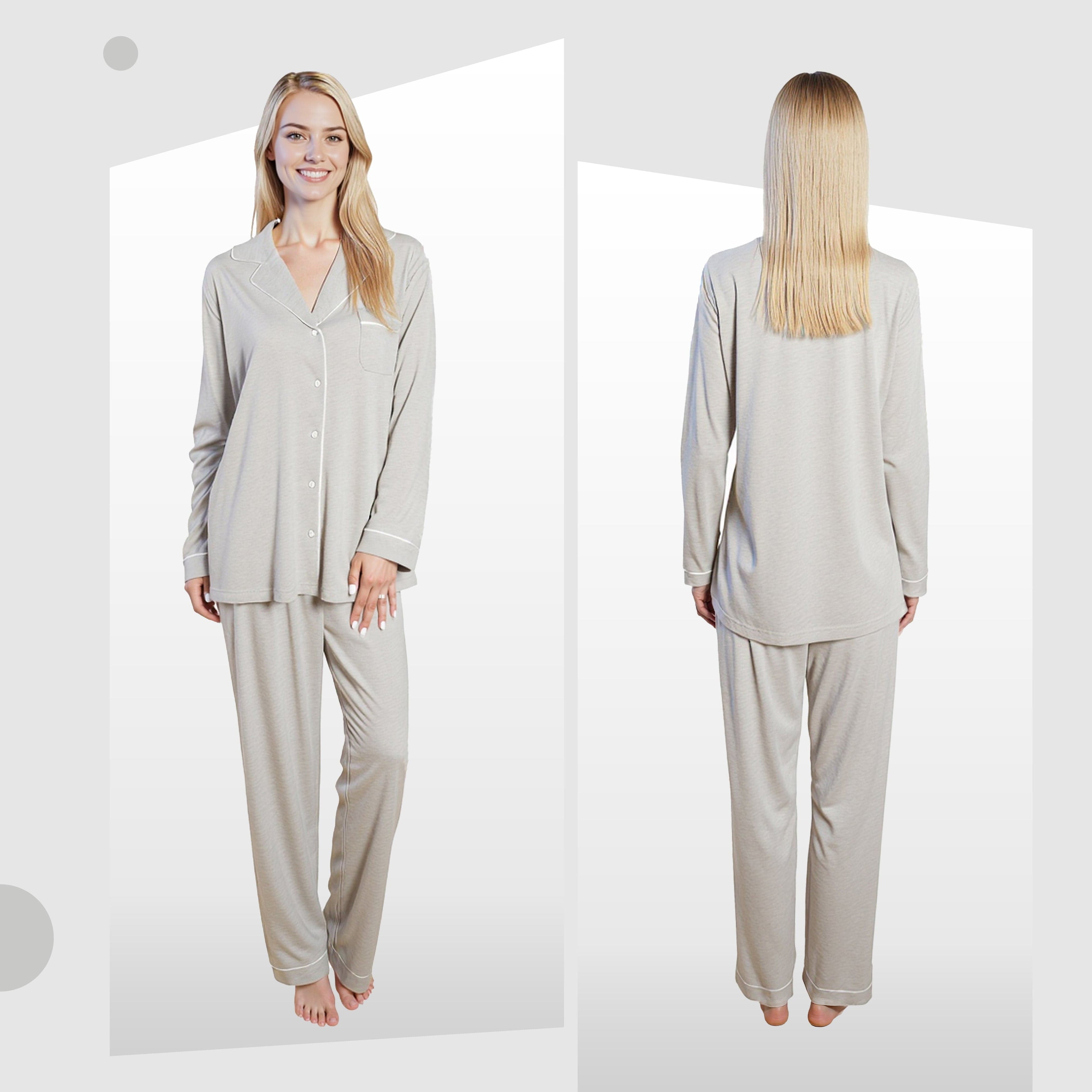 Women's Grey Pyjama Set Soft Touch Long Sleeve Button-Up Top & Bottoms Two-Piece Nightwear by Daisy Dreamer
