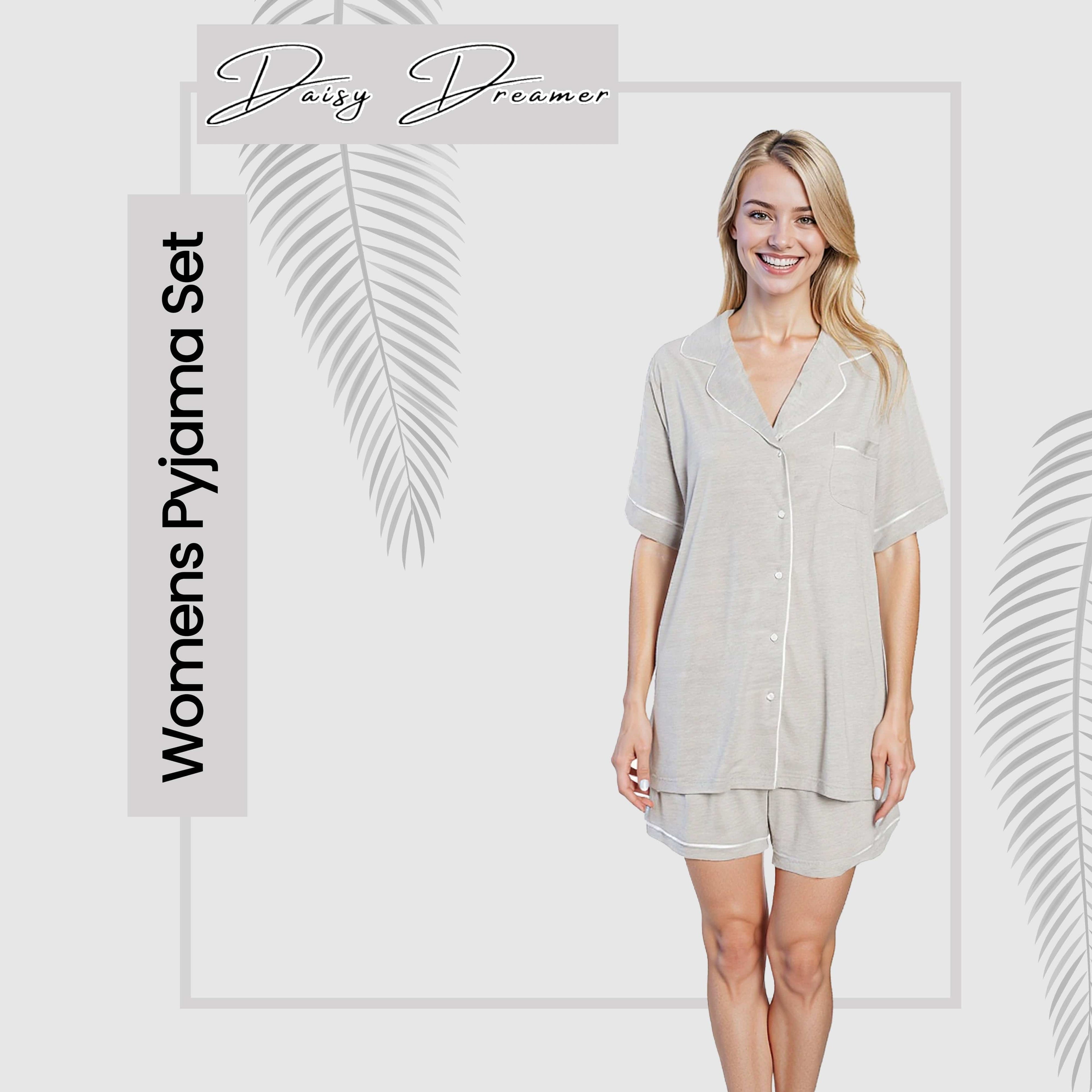 Women's Grey Short Pyjama Set Super Soft Sleepwear Nightwear Button Up Top and Shorts with Pockets PJs by Daisy Dreamer