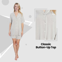 Women's Grey Short Pyjama Set Super Soft Sleepwear Nightwear Button Up Top and Shorts with Pockets PJs by Daisy Dreamer