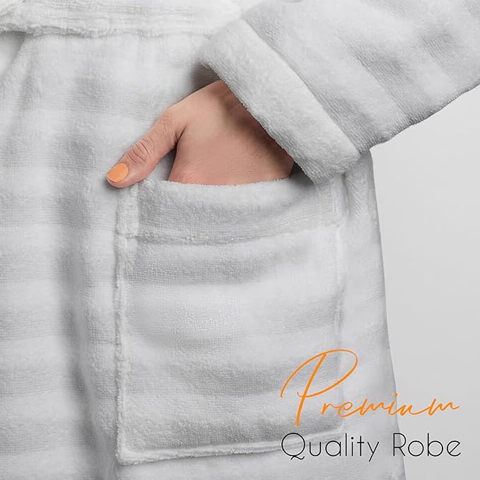Women's Hydro Ribbed Ultra Soft 100% Cotton Hooded Bath Robes with Pockets and Belt Luxury Terry Towelling Loungewear Sleepwear in White and Grey by OLIVIA ROCCO