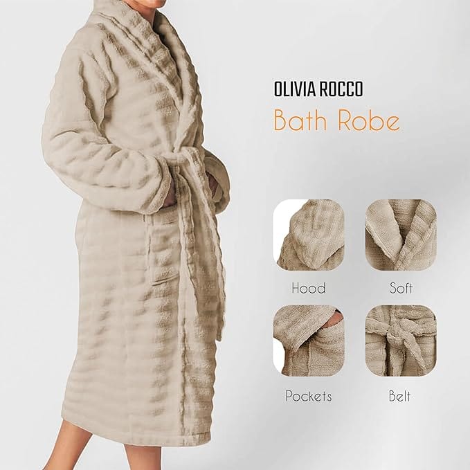 Women's Hydro Ribbed Ultra Soft 100% Cotton Hooded Bath Robes with Pockets and Belt Luxury Terry Towelling Loungewear Sleepwear in White and Grey by OLIVIA ROCCO