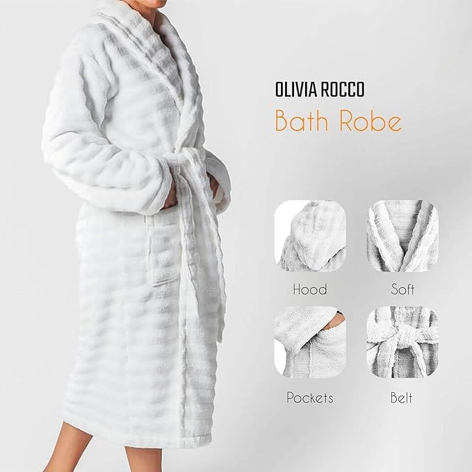Women's Hydro Ribbed Ultra Soft 100% Cotton Hooded Bath Robes with Pockets and Belt Luxury Terry Towelling Loungewear Sleepwear in White and Grey by OLIVIA ROCCO
