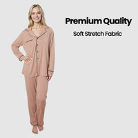 Women's Natural Pyjama Set Soft Touch Long Sleeve Button-Up Top & Bottoms Two-Piece Nightwear by Daisy Dreamer