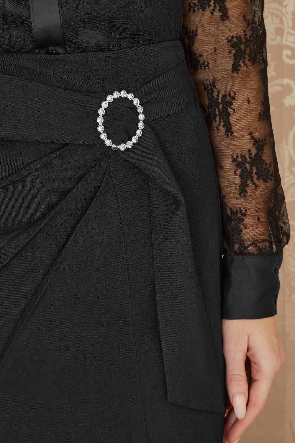 Yumi Black Diamante Buckle Faux Wrap Skirt With Split Hem