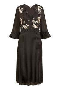 Yumi Black Embroidered Panel Midi Dress With Pleats