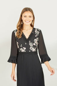 Yumi Black Embroidered Panel Midi Dress With Pleats