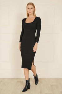Yumi Black Fitted Knit Midi Dress With Side Split