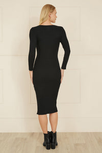 Yumi Black Fitted Knit Midi Dress With Side Split