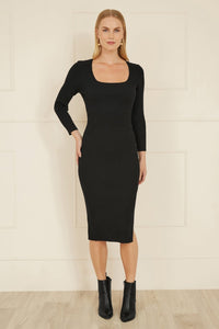 Yumi Black Fitted Knit Midi Dress With Side Split