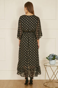 Yumi Foil Print Wrap Midi Dress with Dip Hem and Sheer Sleeves