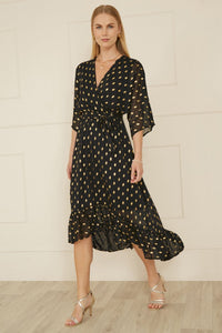 Yumi Foil Print Wrap Midi Dress with Dip Hem and Sheer Sleeves