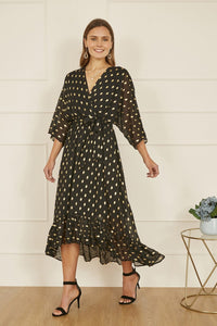 Yumi Foil Print Wrap Midi Dress with Dip Hem and Sheer Sleeves