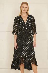 Yumi Foil Print Wrap Midi Dress with Dip Hem and Sheer Sleeves