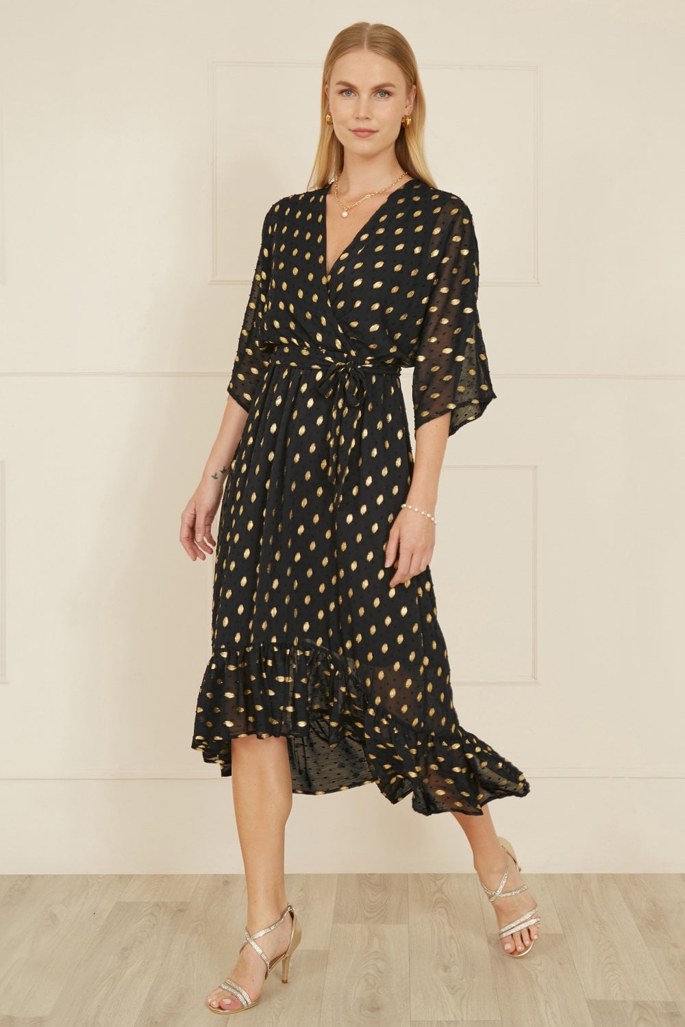 Yumi Foil Print Wrap Midi Dress with Dip Hem and Sheer Sleeves