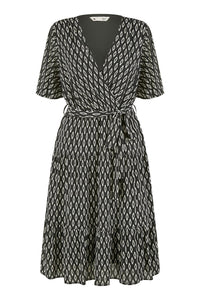 Yumi Black Geo Print Mesh Stretch Midi Skater Dress