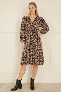 Yumi Black Ikat Long Sleeve Skater Dress for Effortless Style