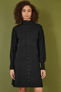 Yumi Black Knitted Midi Dress with Button-Up and Balloon Sleeves