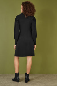 Yumi Black Knitted Midi Dress with Button-Up and Balloon Sleeves