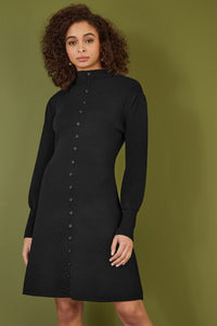 Yumi Black Knitted Midi Dress with Button-Up and Balloon Sleeves