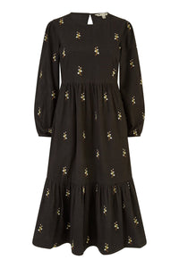 Yumi Black Long Sleeve Midi Dress With Floral Embroidery