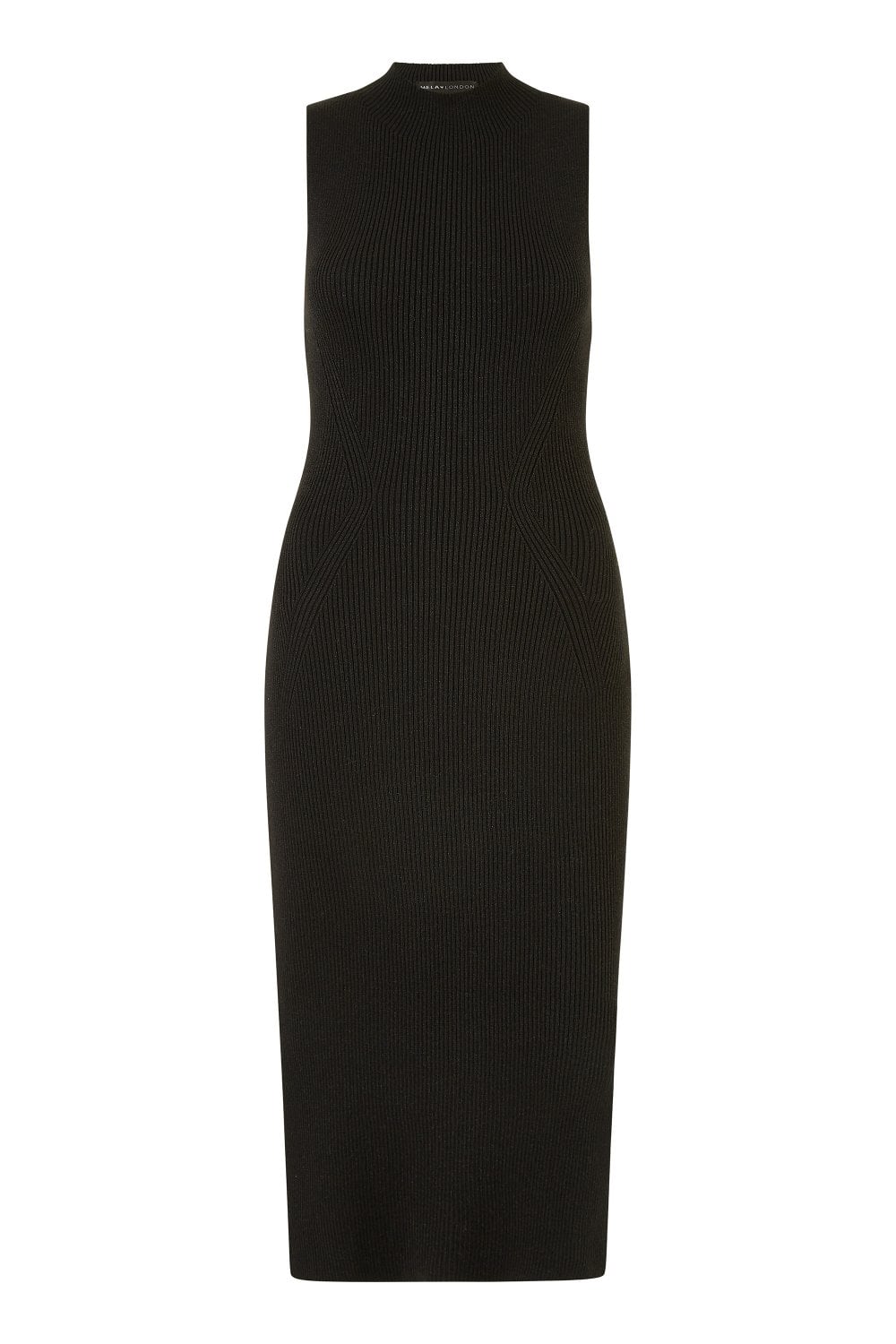 Yumi Black Metallic Fitted High Neck Midi Dress