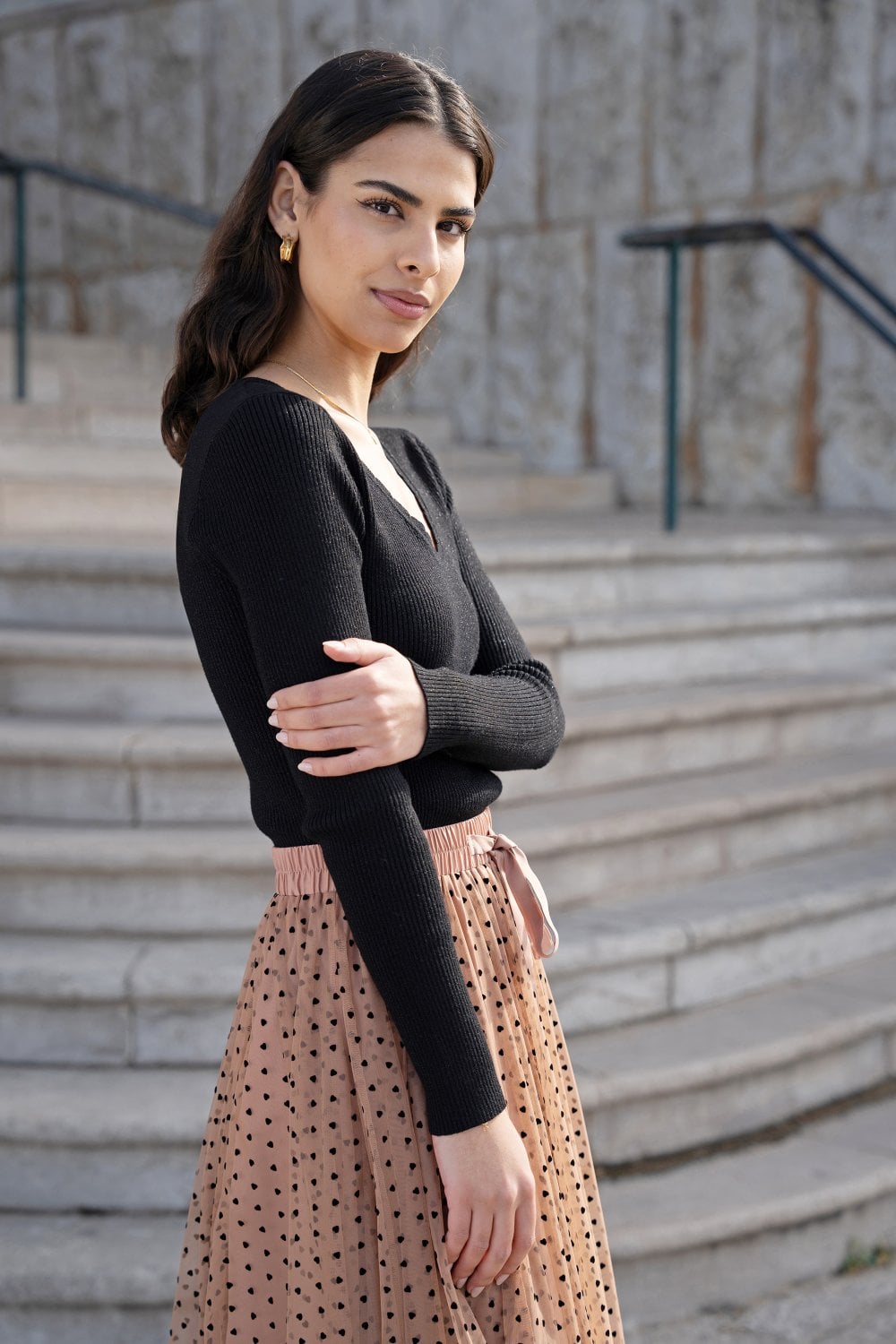 Yumi Black Metallic Knitted Ribbed Top