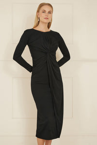 Yumi Black Midi Fitted Dress with Knot Detail for Effortless Style