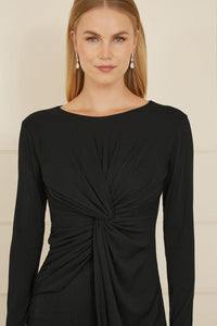 Yumi Black Midi Fitted Dress with Knot Detail for Effortless Style
