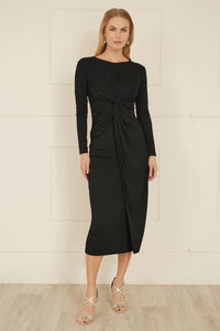 Yumi Black Midi Fitted Dress with Knot Detail for Effortless Style