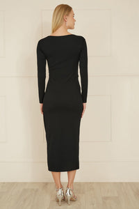 Yumi Black Midi Fitted Dress with Knot Detail for Effortless Style