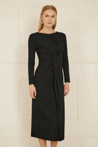 Yumi Black Midi Fitted Dress with Knot Detail for Effortless Style