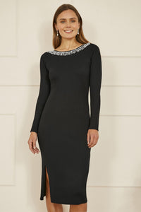 Yumi Black Pearl Neckline Fitted Midi Knitted Dress