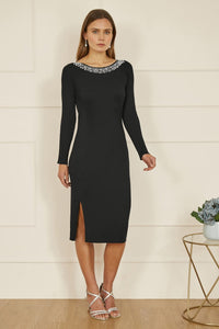Yumi Black Pearl Neckline Fitted Midi Knitted Dress