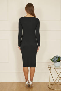 Yumi Black Pearl Neckline Fitted Midi Knitted Dress