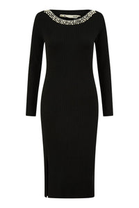 Yumi Black Pearl Neckline Fitted Midi Knitted Dress