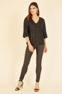 Yumi Black Sequin Top With Fluted Sleeve