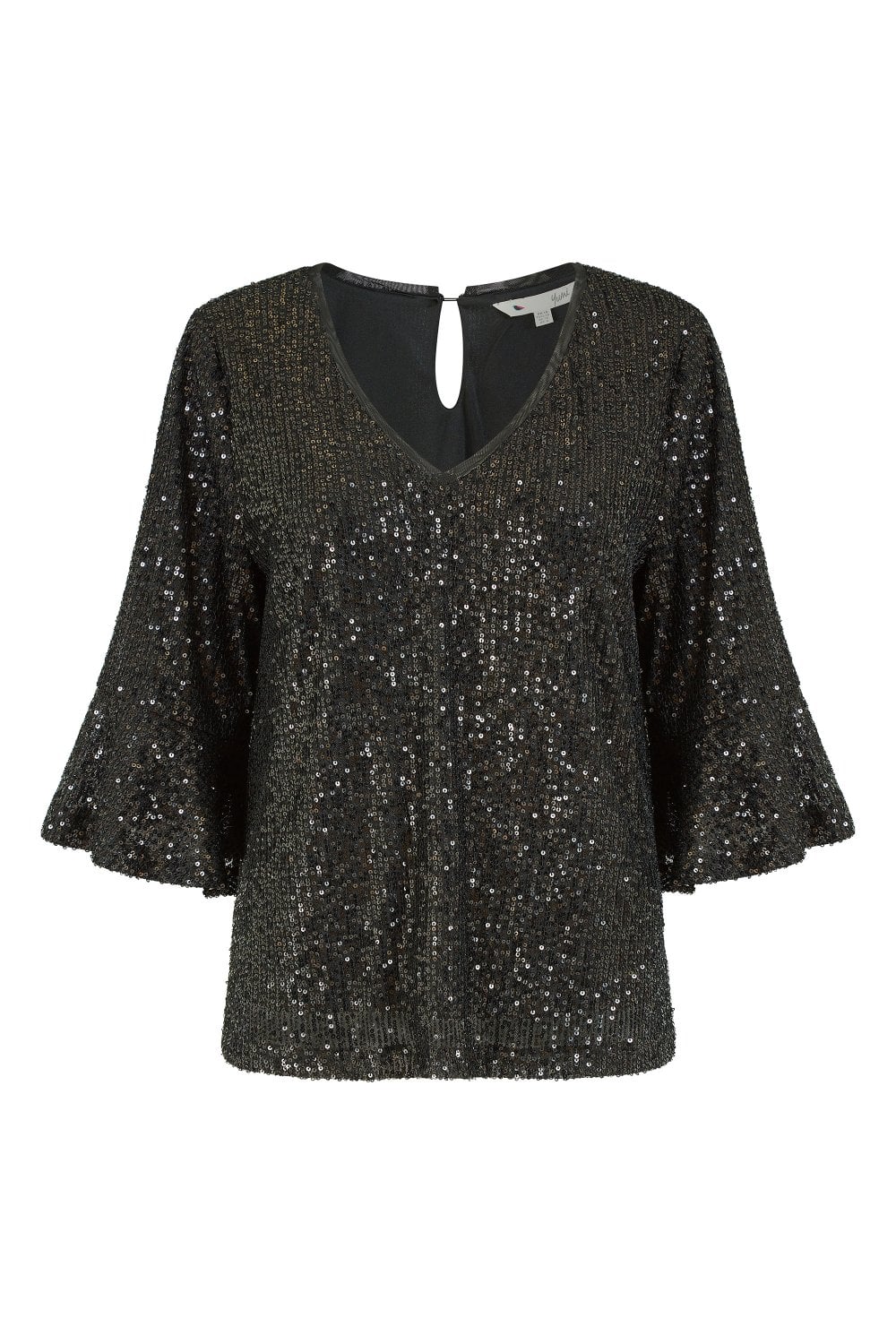 Yumi Black Sequin Top With Fluted Sleeve